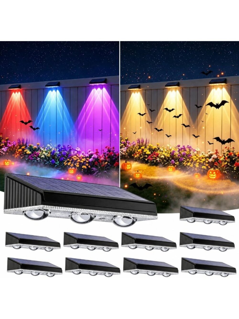10 Pack Solar Fence Lights - Bright 3X LED, 9 Colors & RGB, Waterproof Outdoor